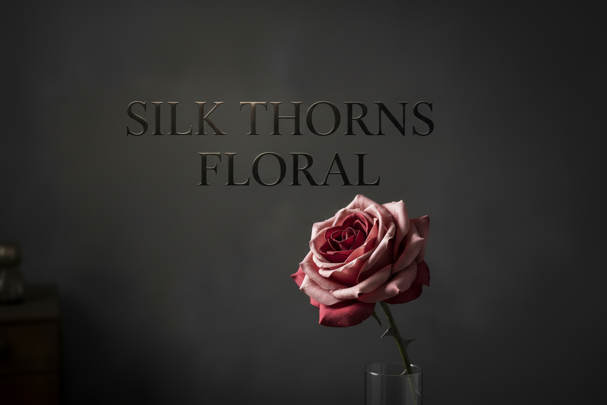 Put the words silk thorns floral in the background 